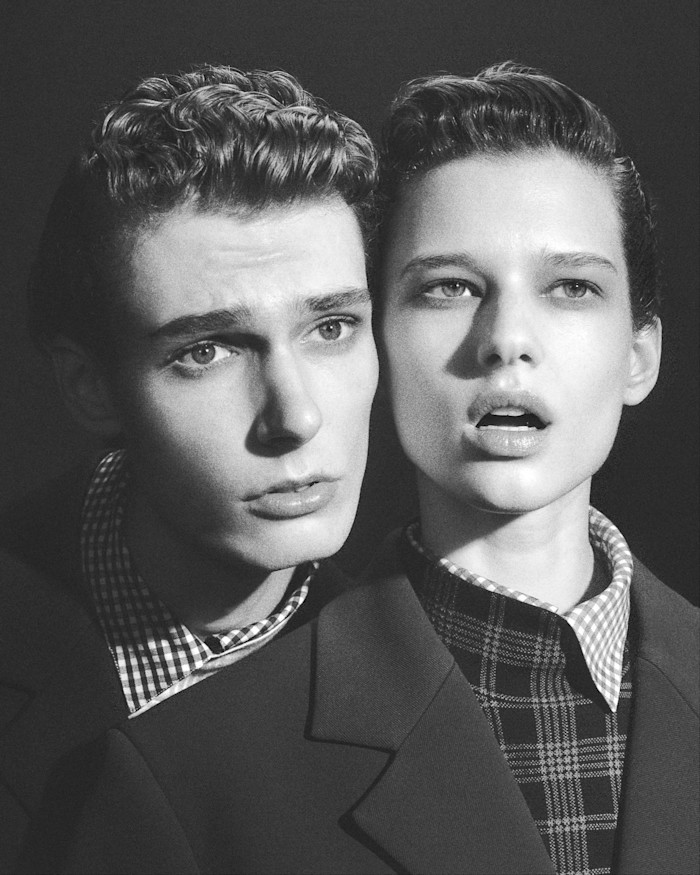 Waldemar and Murray both wear Loewe stretch wool-mix jackets, POA, viscose-mix bibs, POA, and silk shirts, €1,200 each