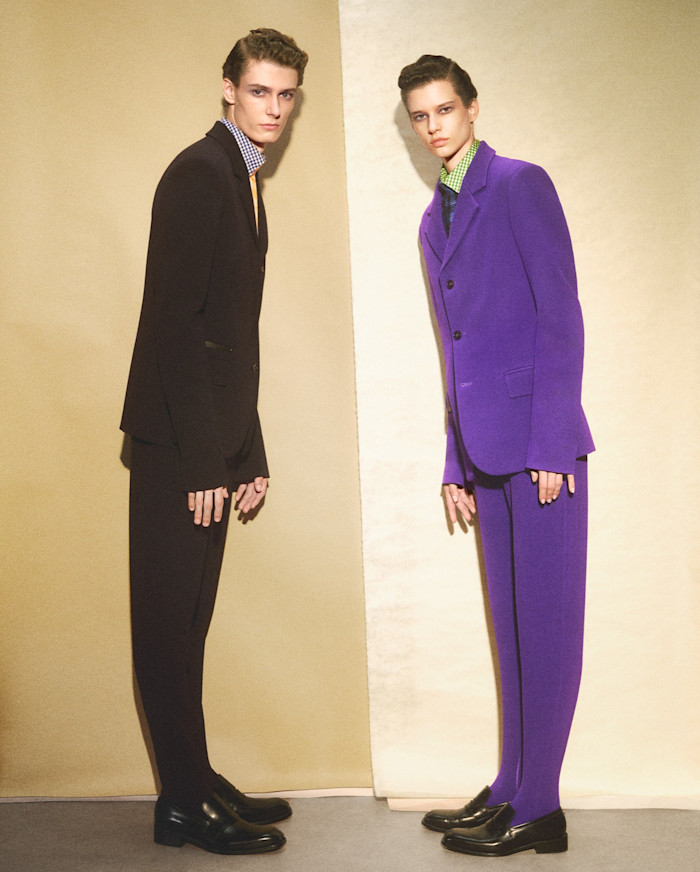 Waldermar and Murray both wear Loewe stretch wool-mix jackets, POA, matching trousers, POA, viscose-mix bibs, POA, and silk shirts, €1,200 each