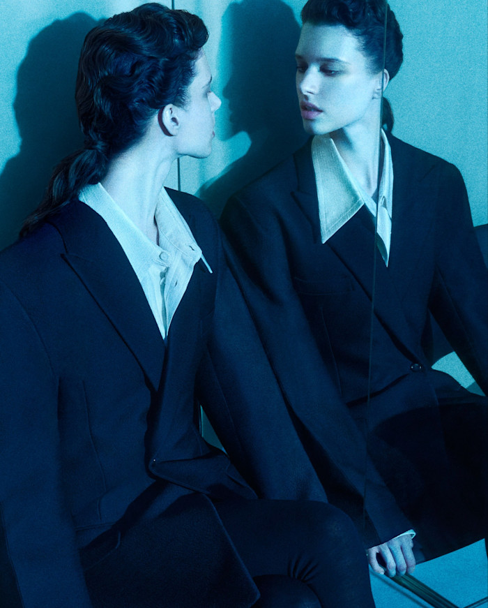 Murray wears Bottega Veneta wool jacket, silk/cotton shirt and wool tights, all POA
