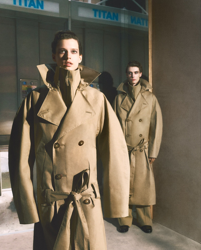 Murray and Waldemar both wear Lacoste x Mackintosh rubberised cotton trench coats, £1,495 each, and nylon windbreakers (around neck), £780 each. Waldemar also wears Lacoste x Mackintosh nylon trousers, £590