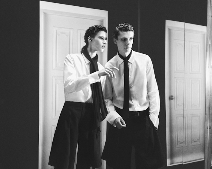 Murray wears Sacai cotton poplin shirt with satin scarf, £610, and wool-mix trousers, £890. Waldemar wears Sacai cotton poplin shirt with satin tie, £610, and wool flannel trousers, £1,220