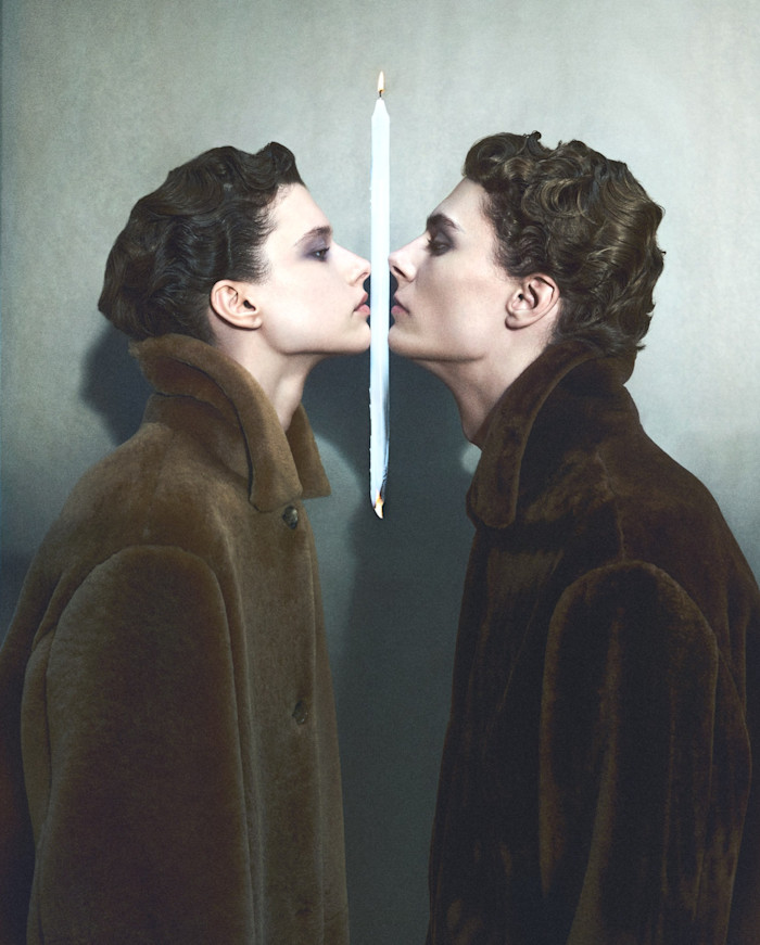 Sandra and Waldemar both wear Miu Miu shearling coats, £8,000 each