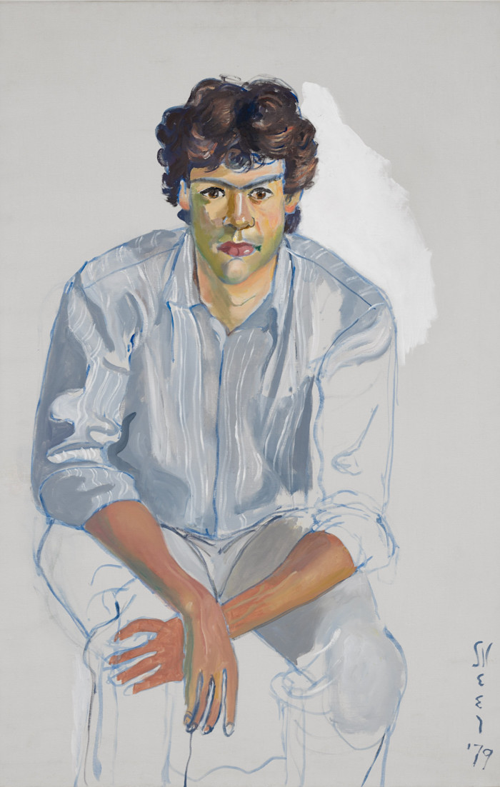 An oil portrait by Alice Neel of John Cheim, seated with hands folded, wearing a pale shirt and looking directly at the viewer. 