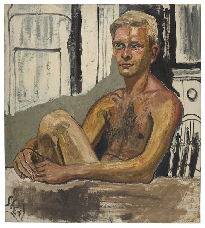 A painting by Alice Neel showing Richard Gibbs seated nude with his knees drawn up, gazing forward with a calm expression.