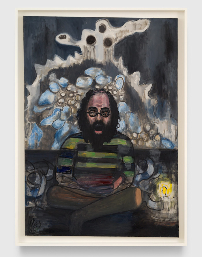 A painting by Alice Neel of Allen Ginsberg sitting cross-legged with a candle and abstract shapes in the background.