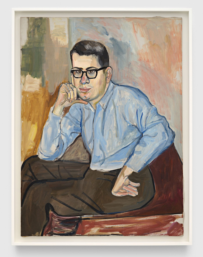A portrait painting of Richard Gibbs' friend seated with one hand resting on his chin, wearing glasses and a light blue shirt.