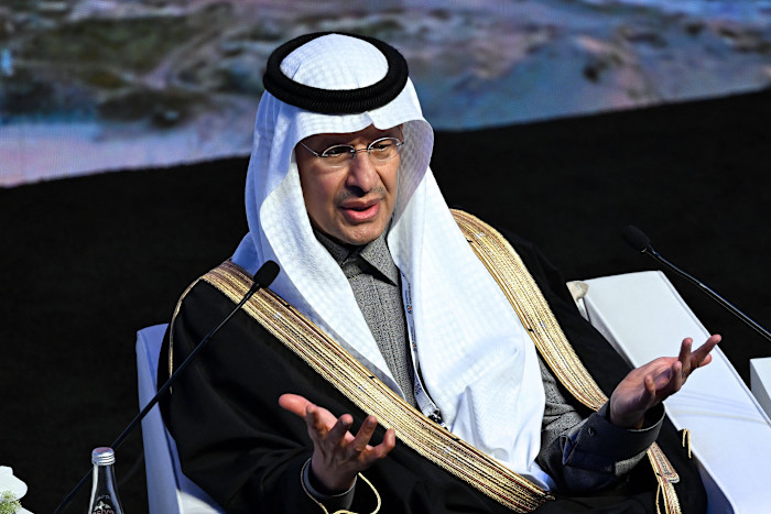 Prince Abdulaziz bin Salman al-Saud gestures with both hands while speaking at a panel during the Kuwait Oil and Gas Show.