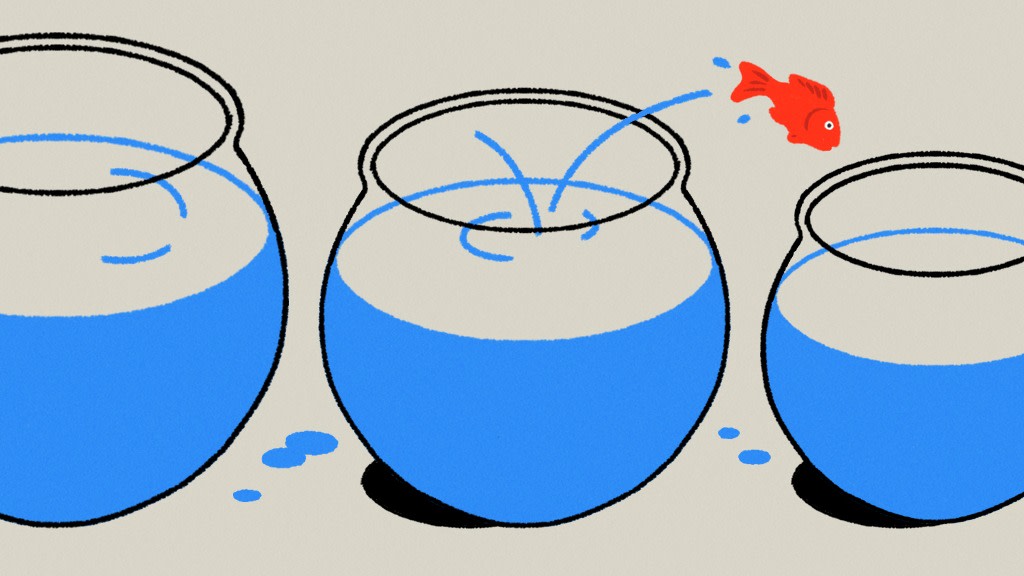 An illustration of a red fish leaping from a large fishbowl into a smaller one.