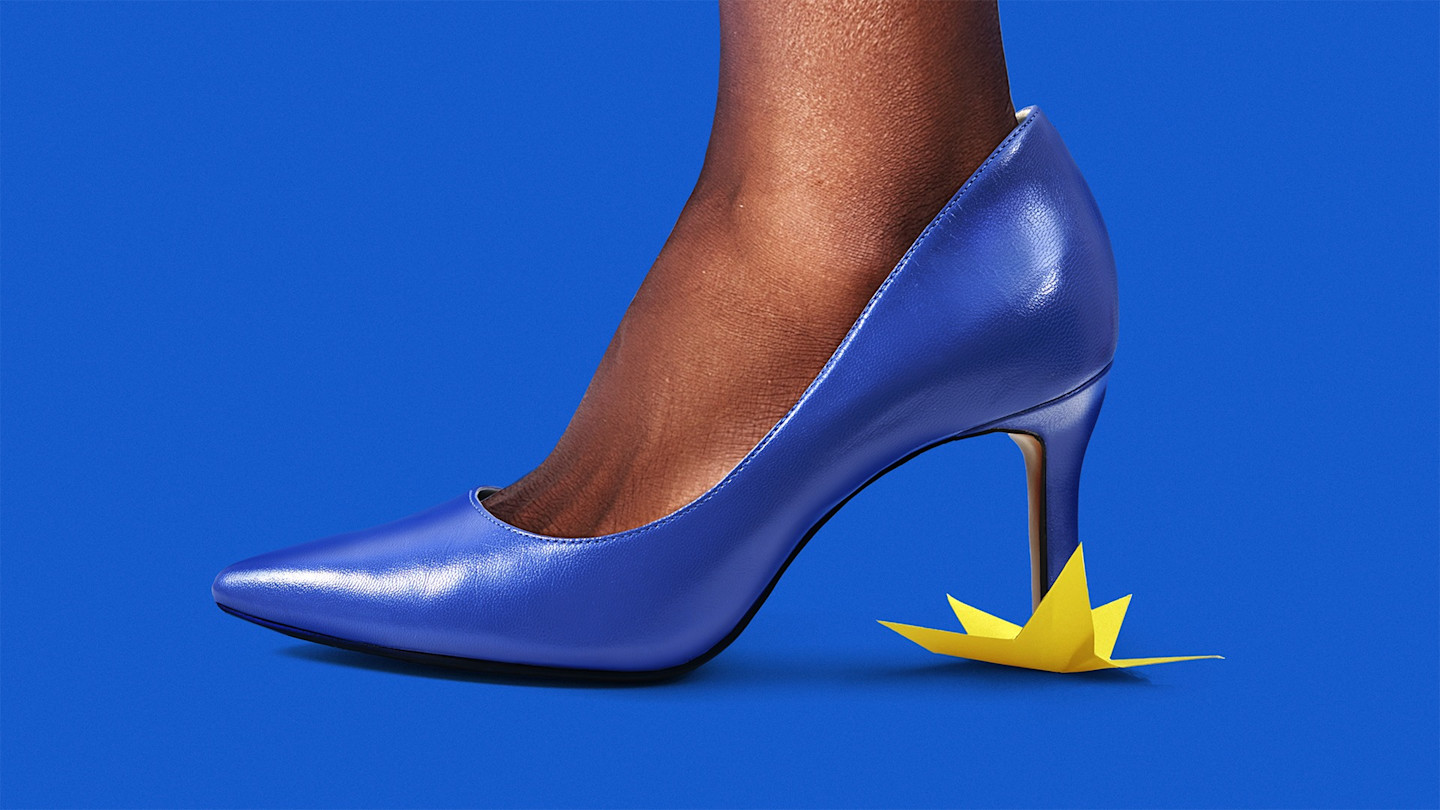 Illustration of a foot in a blue stiletto on a blue background, crushing a yellow star under the heel of the shoe