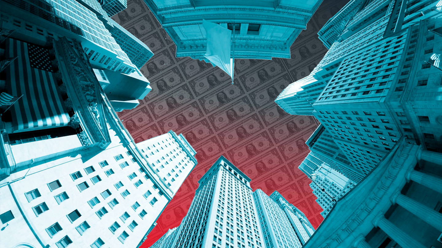 A montage showing Wall Street buildings from below with a sky made of US dollar bills, tinted in blue and red.