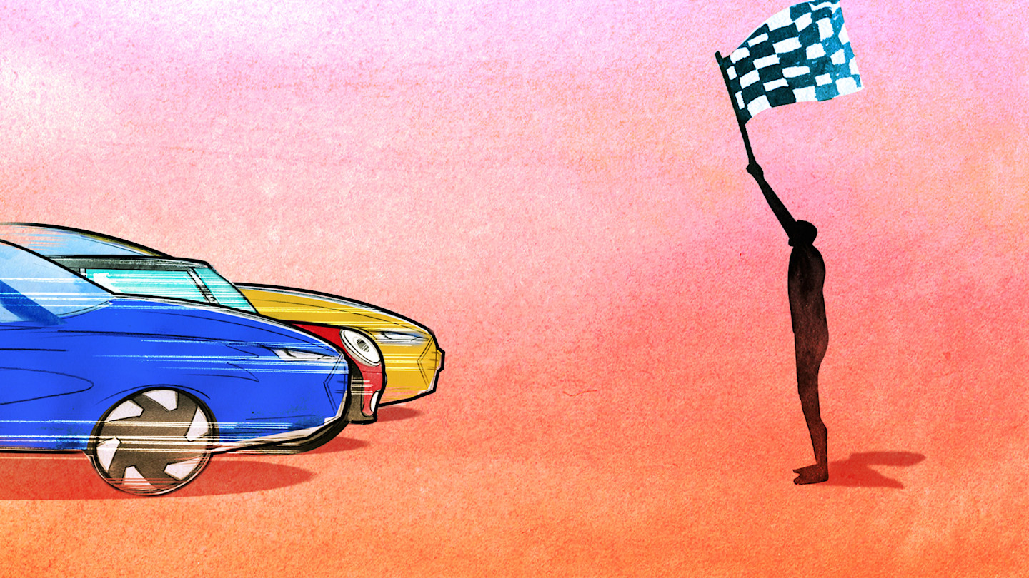 An illustration showing three electric cars racing towards a figure holding a checkered flag, with the centre car being squeezed by the others.