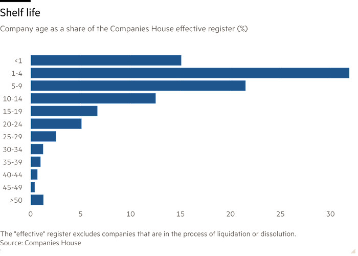 Bar chart of company age as a share of the Companies House effective register (%) showing shelf life