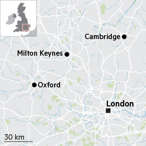 Locator map showing Cambridge, Oxford, Milton Keynes and London