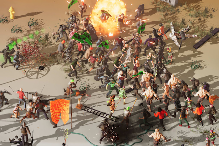 An illustration showing a chaotic virtual battle scene with numerous armed characters clashing, an explosion at the center, and various flags and weapons.