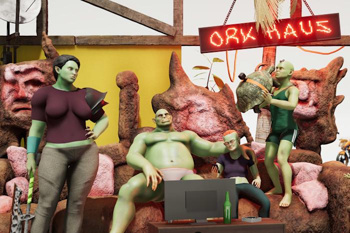An illustration showing four orc-like figures with green skin in a domestic scene, seated on a couch with a TV and a neon "Ork Haus" sign above.