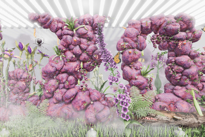 An illustration showing a surreal garden with bulbous purple structures, vibrant flowers, insects, and butterflies under bright striped lighting.
