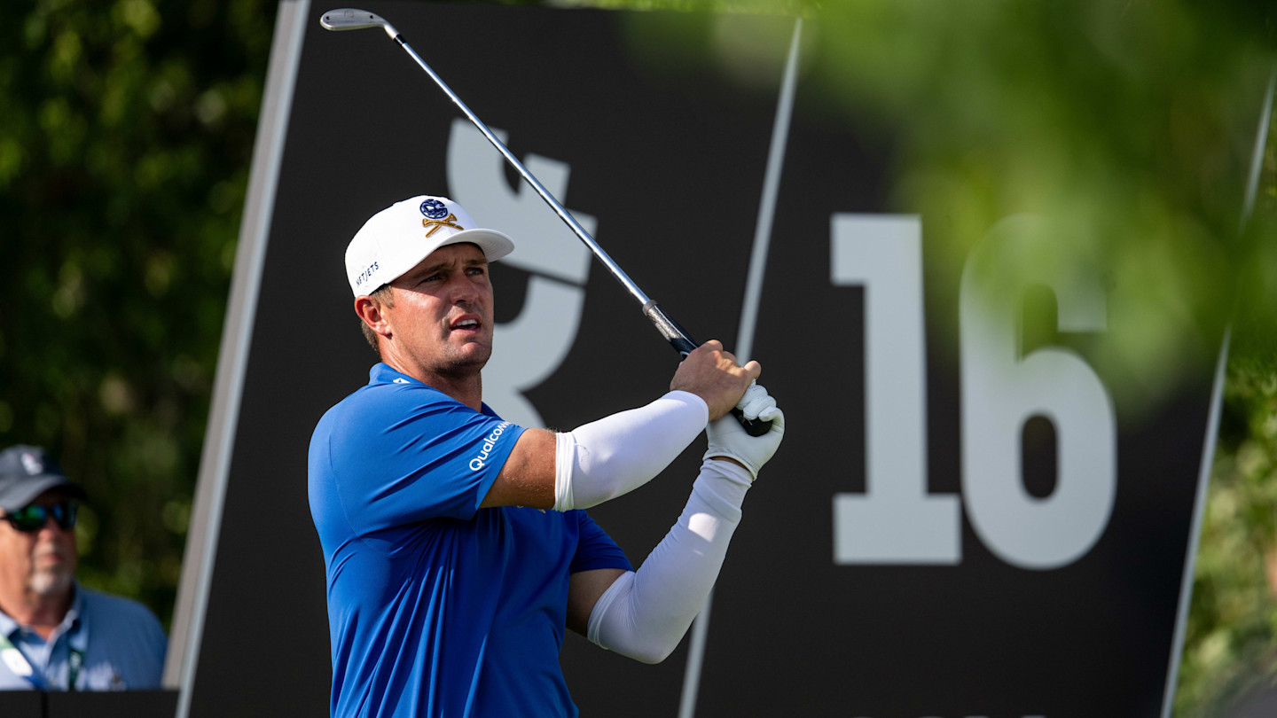Bryson DeChambeau watches his shot after hitting from the 16th tee during the LIV Golf Bedminster tournament.