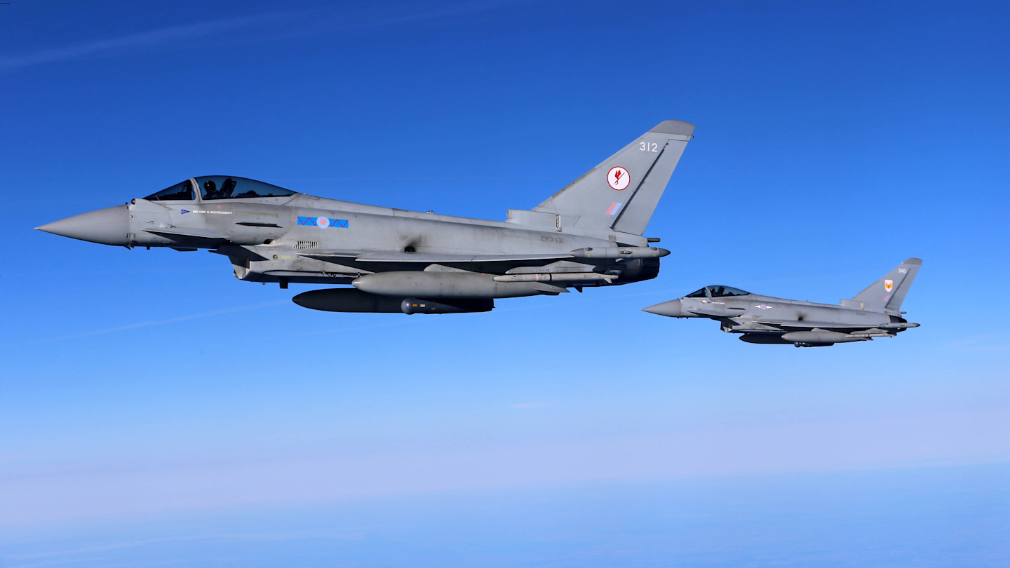 Two Eurofighter Typhoon FGR.4 jets of the British Royal Air Force in flight during the Nato Ramstein Flag 2025 exercise.