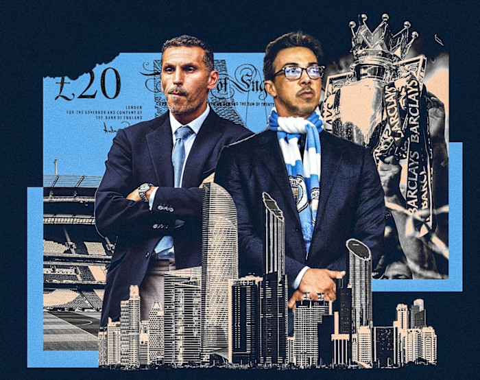 Montage of Khaldoon al-Mubarak, left, Sheikh Mansour bin Zayed al-Nahyan wearing glasses and a Manchester City club scarf, a Premier League trophy, a sports stadium, a £20 banknote and an urban skyline