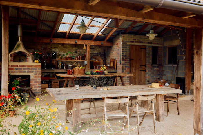 The outdoor kitchen and eating area