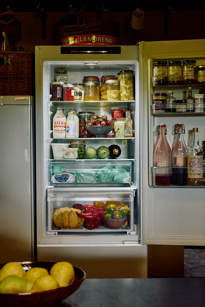 Staples in Pearson’s fridge include homemade preserves, pickles and cordials, Westcombe ricotta from The Fine Cheese Co and kombucha from Old Tree Brewery