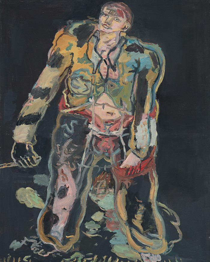 An expressive painting of a standing figure with disheveled clothing in vivid, rough brushstrokes against a dark background.