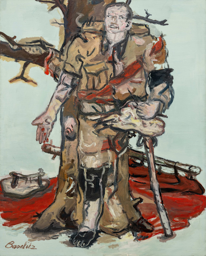 An illustration showing a wounded man in tattered clothes standing against a tree, holding a painter’s palette and brush, with red paint resembling blood on his body and the ground.