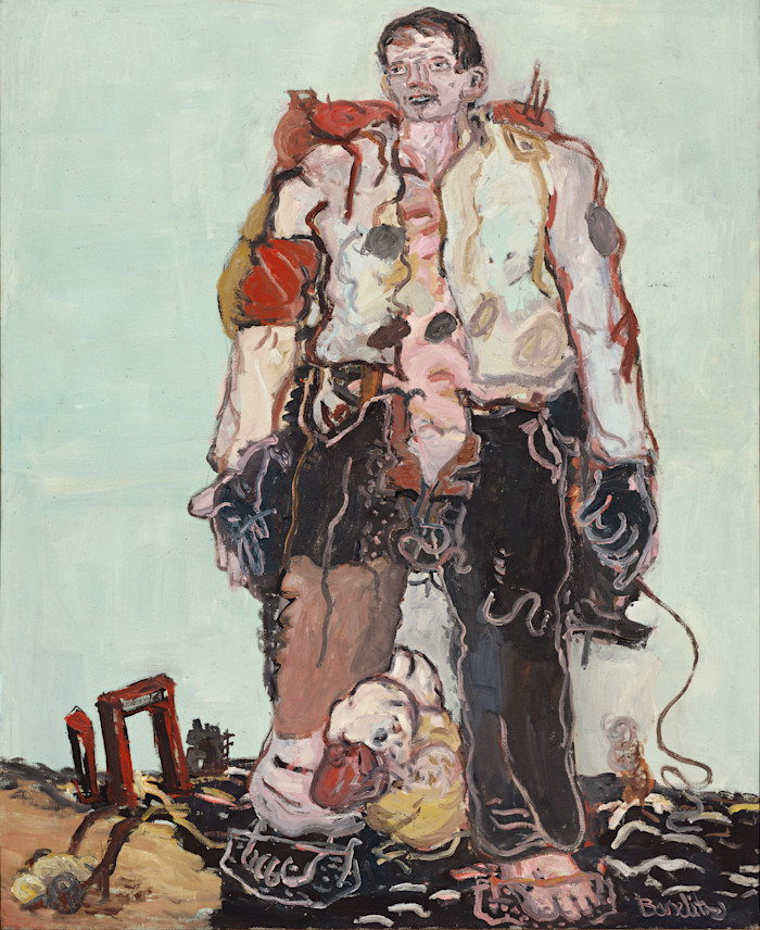 An illustration showing a roughly painted, barefoot man standing with a duck at his feet, against a pale background.