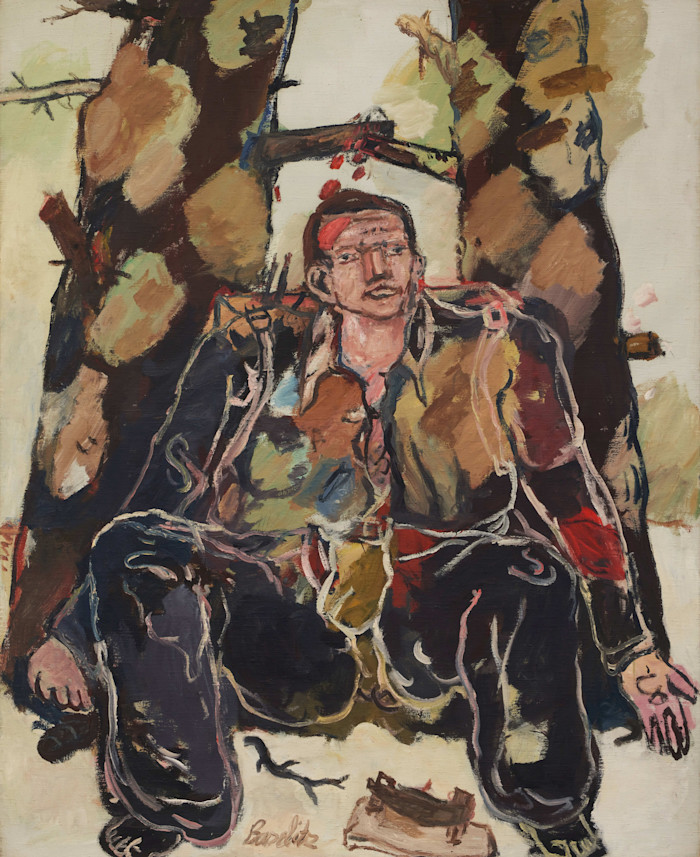 A painting by Georg Baselitz depicts a man slumped against trees, with expressive, rough brushstrokes and earthy tones.
