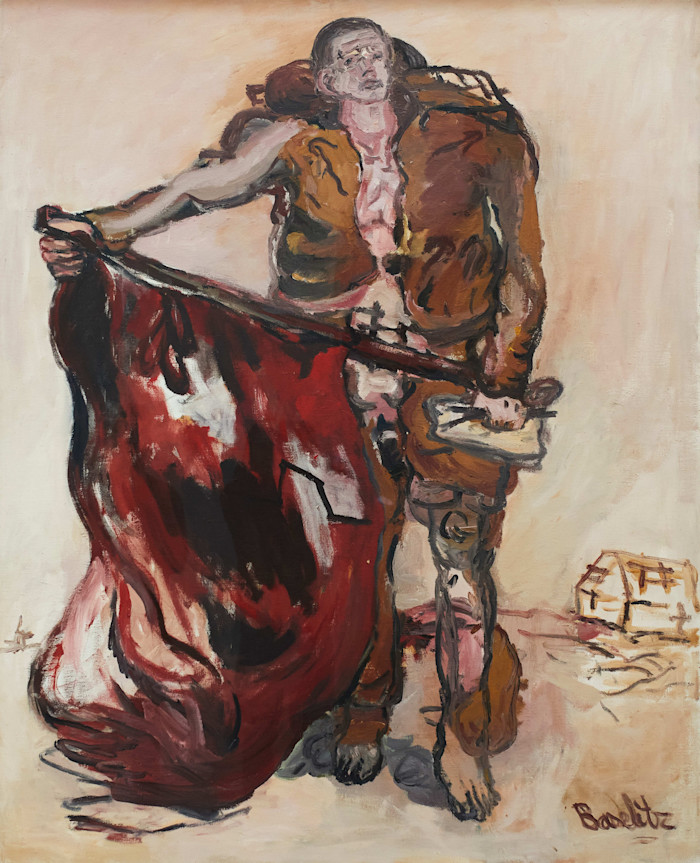 An illustration showing a roughly painted figure in tattered clothing holding a large, flowing red flag.