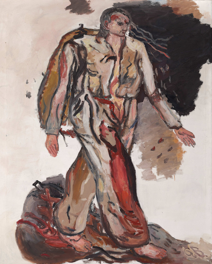 An abstract painting of a person in loose, earth-toned clothing, with expressive brushstrokes and dramatic shadows.