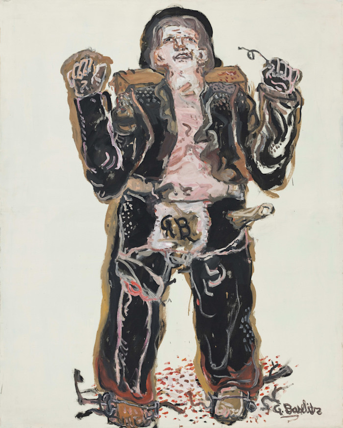 An expressive oil painting of a standing figure in a dark, tattered outfit with exposed torso, raised hands and scattered red spots at their feet.