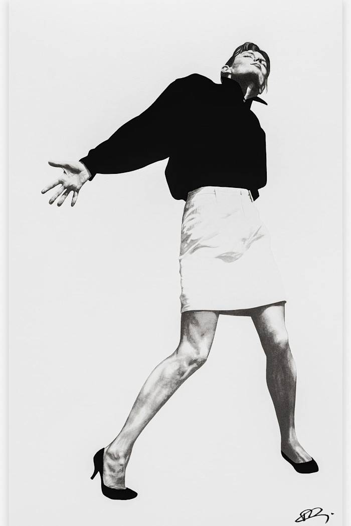 A black-and-white print by Robert Longo from the series “Men in the Cities,” showing a woman in a dynamic pose with arms outstretched and head tilted back.