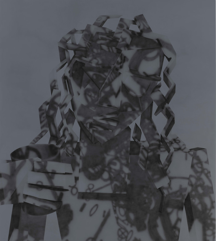 An illustration showing a grayscale, abstract geometric figure resembling a person, overlaid with shadowy, intricate patterns.