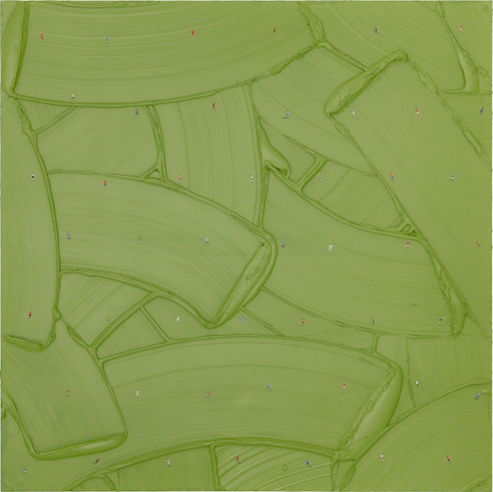 An abstract painting by Werner Bronkhorst featuring sweeping green brushstrokes with small, scattered figures throughout.
