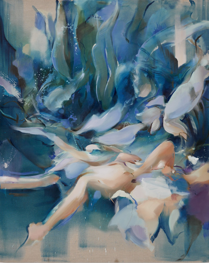 An abstract oil painting by Flora Yukhnovich featuring swirling blue, green, and cream brushstrokes with soft, gestural forms suggesting a reclining human figure.