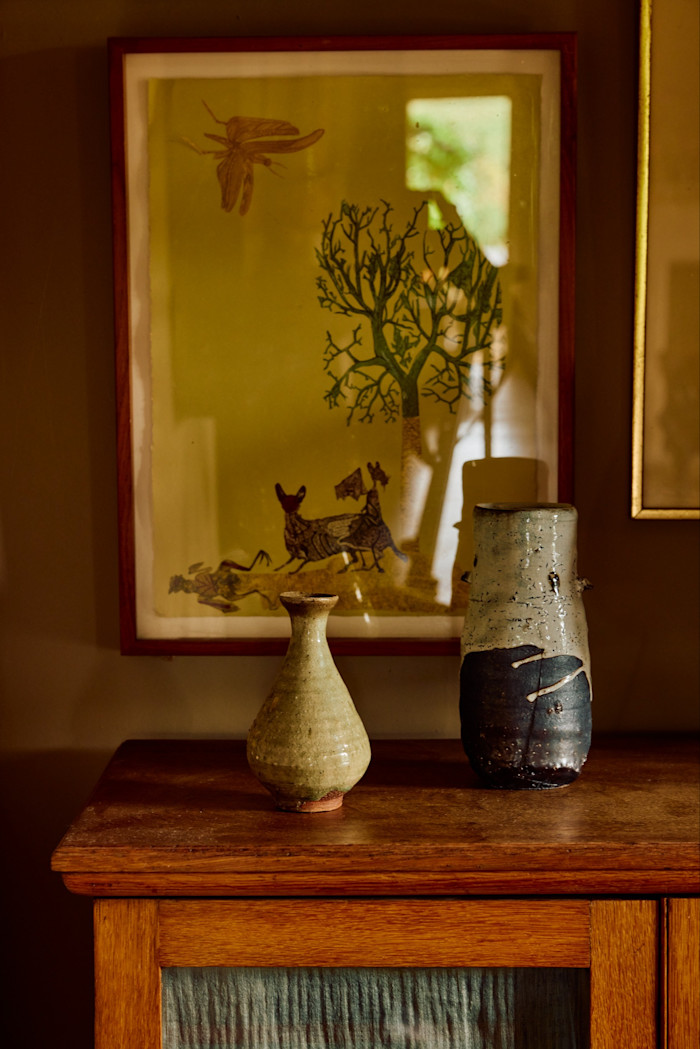 His Japanese sake jar (left) and Lisa Hammond vase; the lithographic collage is by Gemma Anderson-Tempini