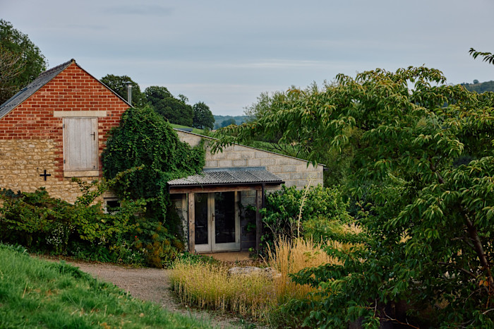 The converted milking barn, which serves as a home studio