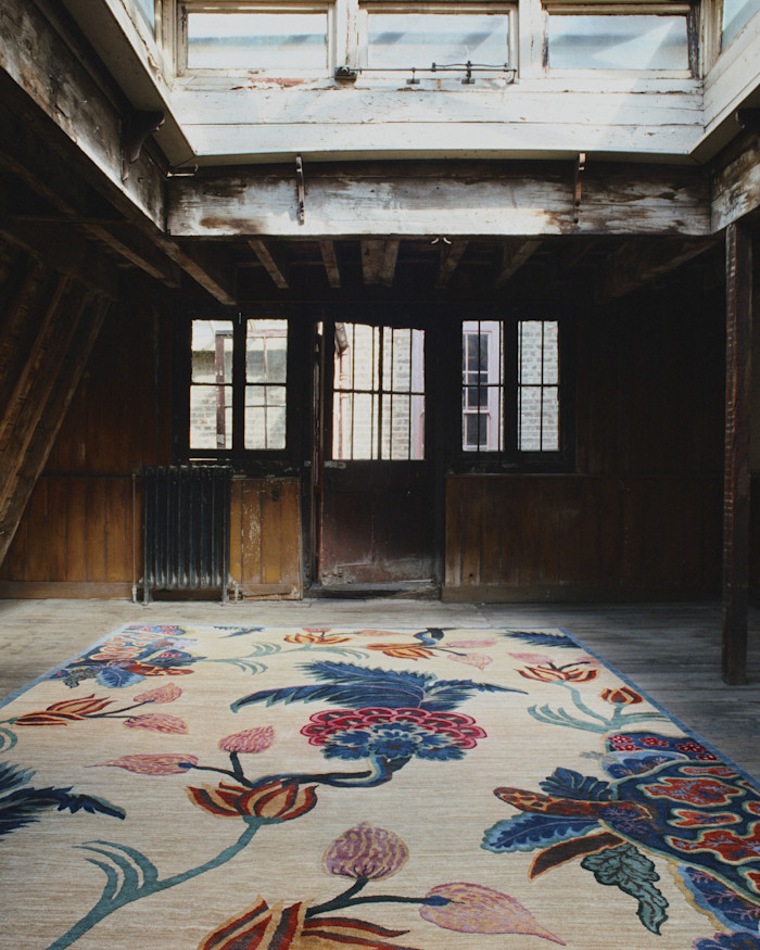 Christopher Farr Spitalfields rug by Chris Dyson, POA, photographed in a former weaver’s loft owned by the Truman Estate
