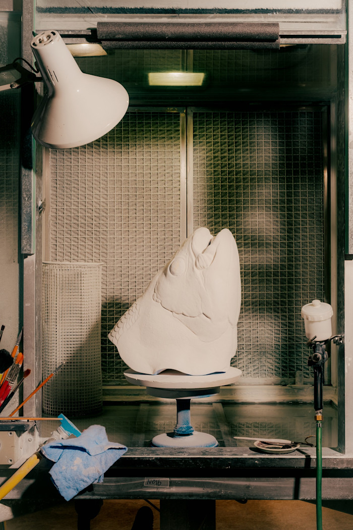 The head of The Blue Fish, a sculpture by Jeanne Grut, ready for spray-painting