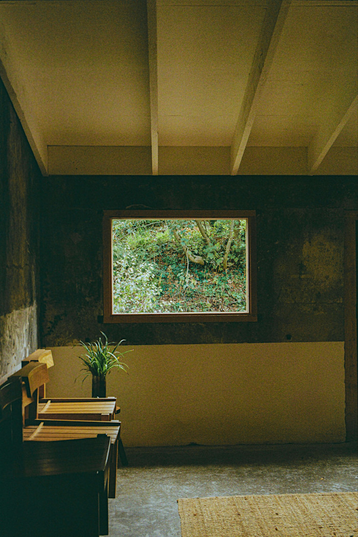 The inside of a wooden cabin with two wooden chairs and a window overlooking woodland.