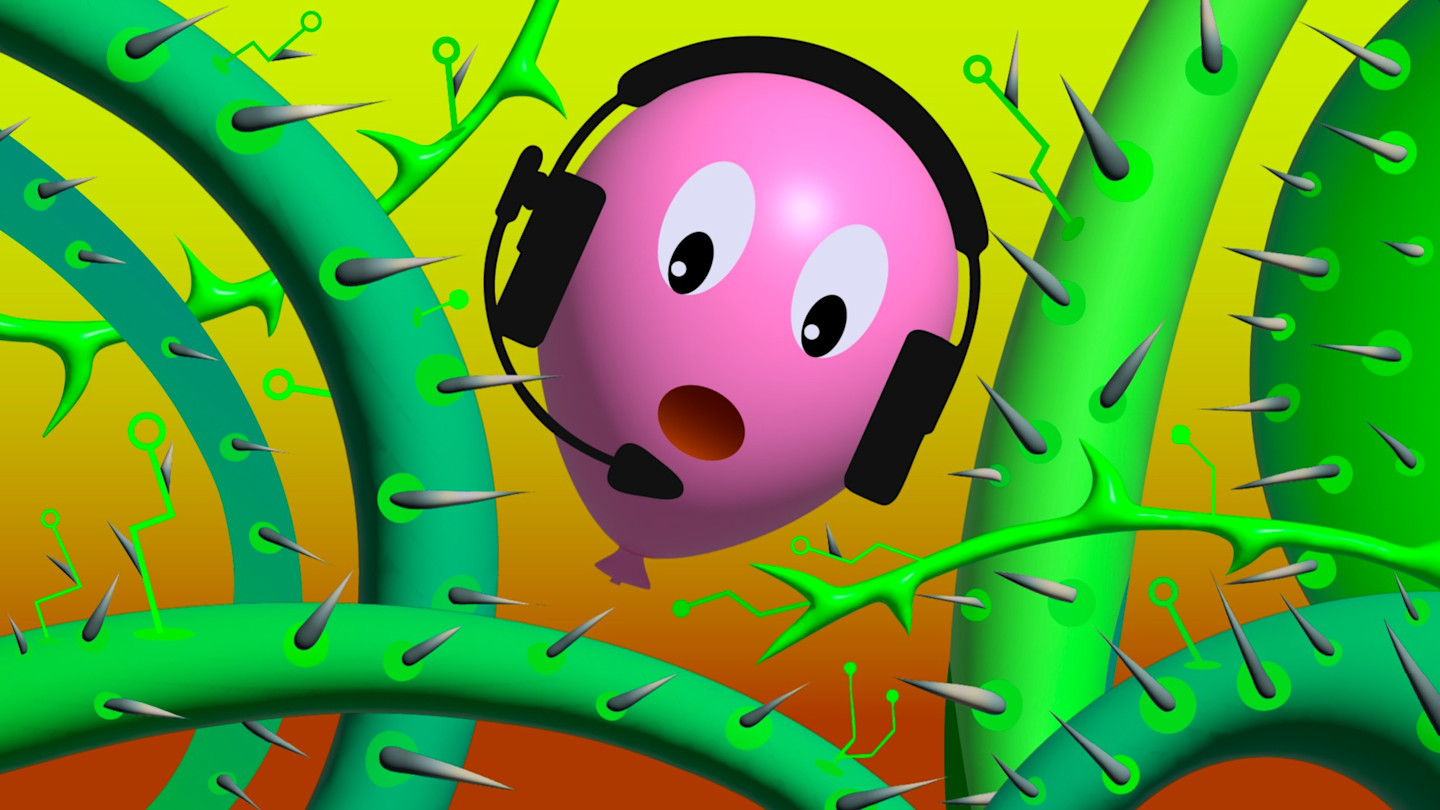 Illustration of a pink balloon with headphones on, floating among green branches with thorns.