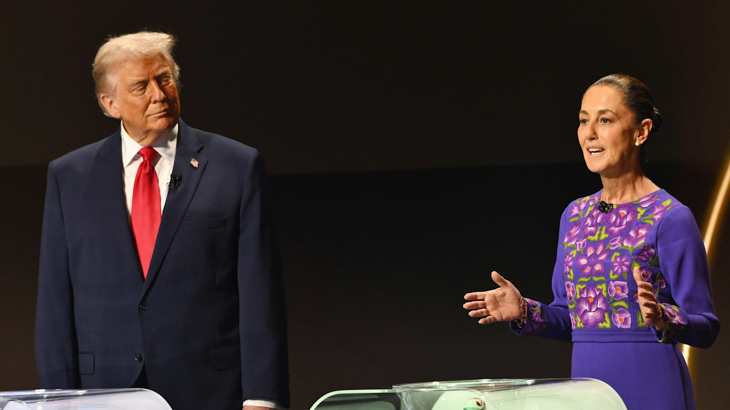 Donald Trump looks on as Claudia Sheinbaum speaks on stage during the 2026 soccer World Cup draw.