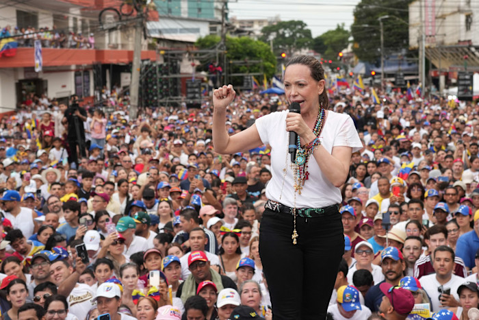 María Corina Machado speaks to a gathering of Venezuelans in Panama City in May