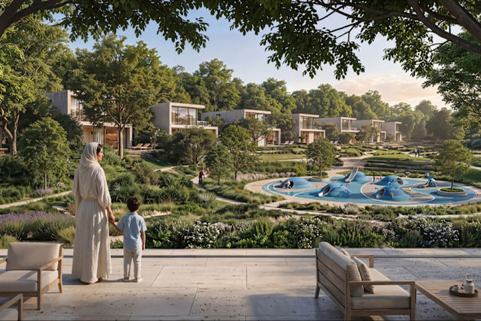 A woman and a child stand on a terrace overlooking landscaped gardens, modern villas and a children’s playground with blue play structures.