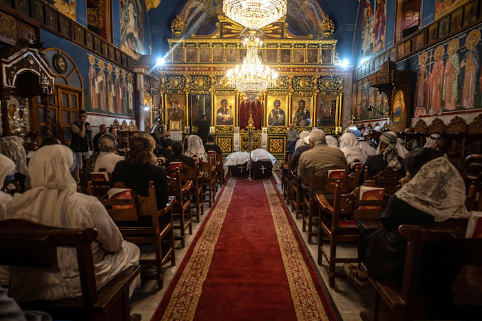 Mourners attend the funeral of Mary Abu Dawoud and her mother Maisaa Abu Dawoud at the Greek Orthodox Church of St. Porphyrius in Gaza City.