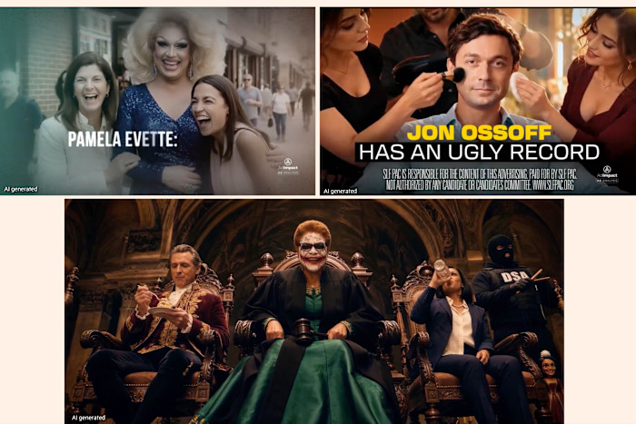 From top: an attack ad on the South Carolina Republican Pamela Evette portrayed her as too liberal, allowing a Trump-backed candidate to beat her in a run-off election; Senator Jon Ossoff of Georgia has been targeted because of a campaign finance document showing he spent more than $2,000 on make-up; and a video backing reality star Spencer Pratt for LA mayor showed his rival Karen Bass, Kamala Harris and California governor Gavin Newsom as crazed aristocrats