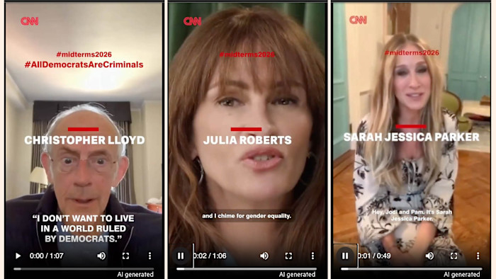 Faked Cameo-style videos from Christopher Lloyd, Julia Roberts and Sarah Jessica Parker, badged with logos from CNN or The New York Times but with the hashtag ‘#All Democrats are evil’