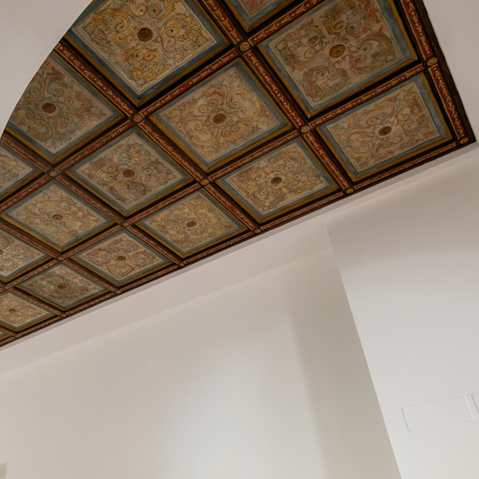 Ornately painted coffered ceiling with decorative floral and scrollwork motifs above plain white walls.