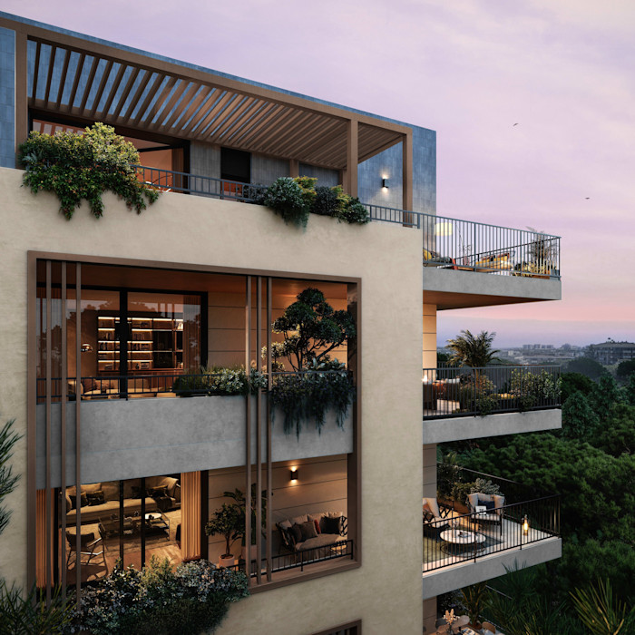 A render of a modern apartment building with large balconies, abundant greenery and warm interior lighting at dusk.